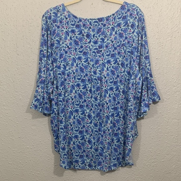 T Tahari Flutter Sleeve Periwinkle & Pink Floral All Over Print Stretch Knit Tee - Picture 4 of 11